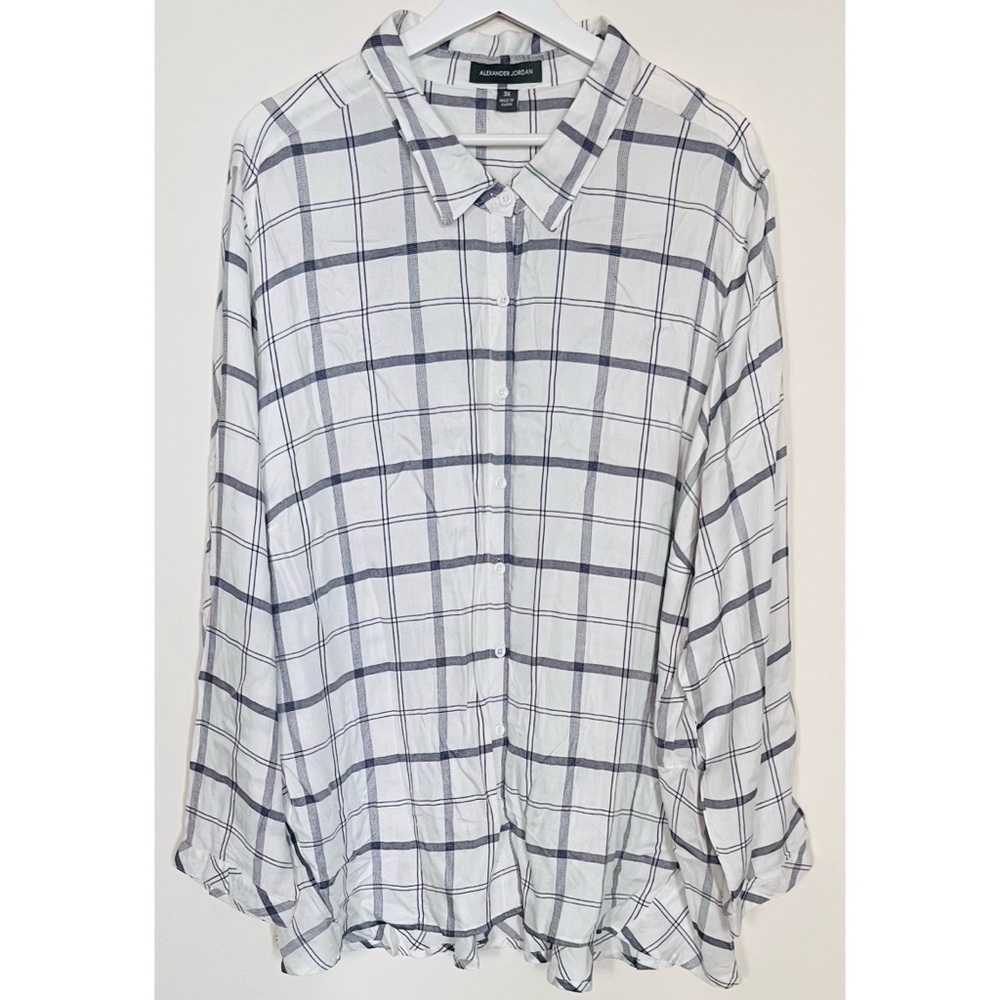 Alexander Jordan • 3X • White & Navy Plaid Button-Down Shirt Peplum Back